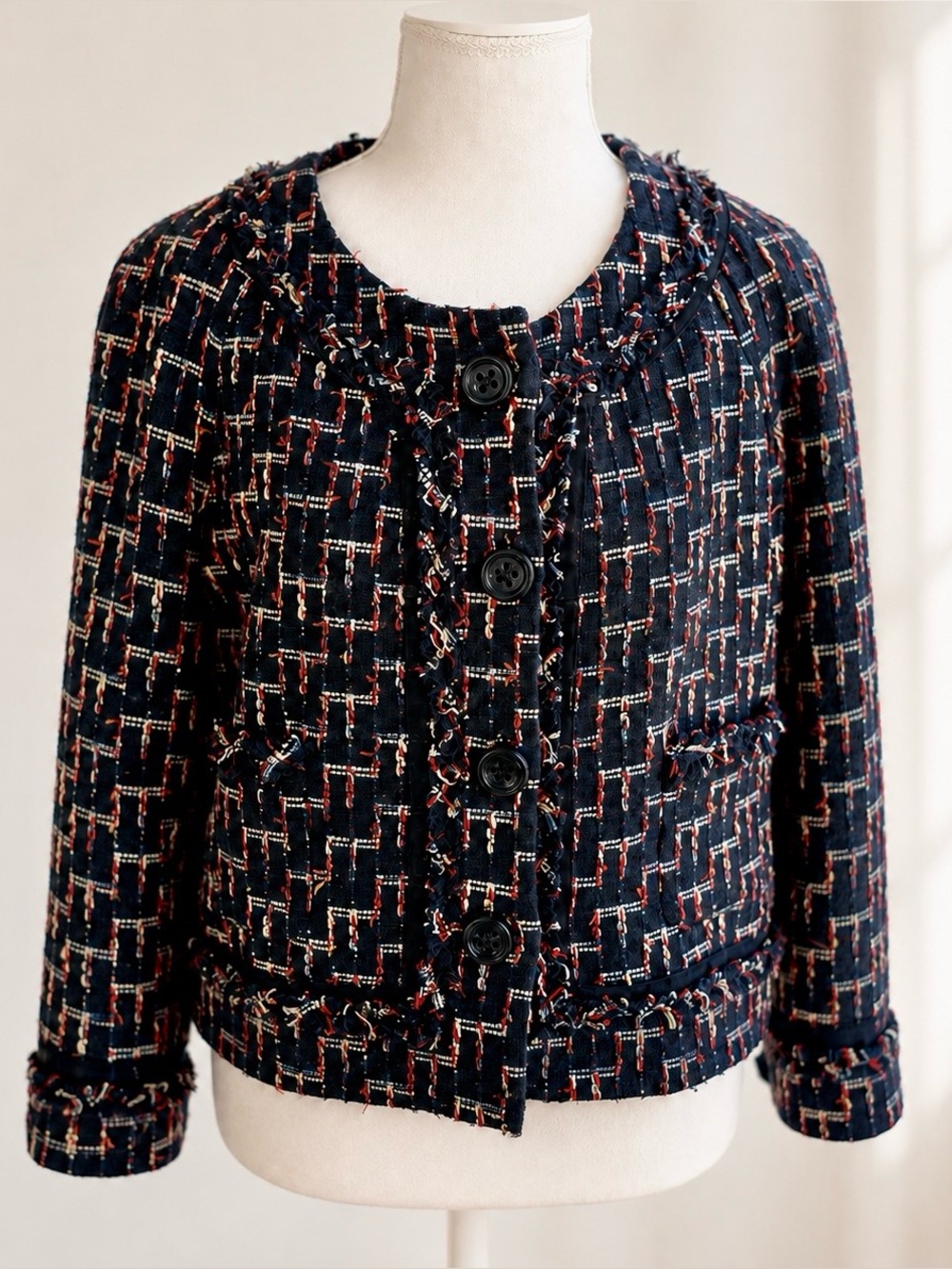 Kate Spade EUC Darby Tweed Cropped Blazer Navy Red Size 10